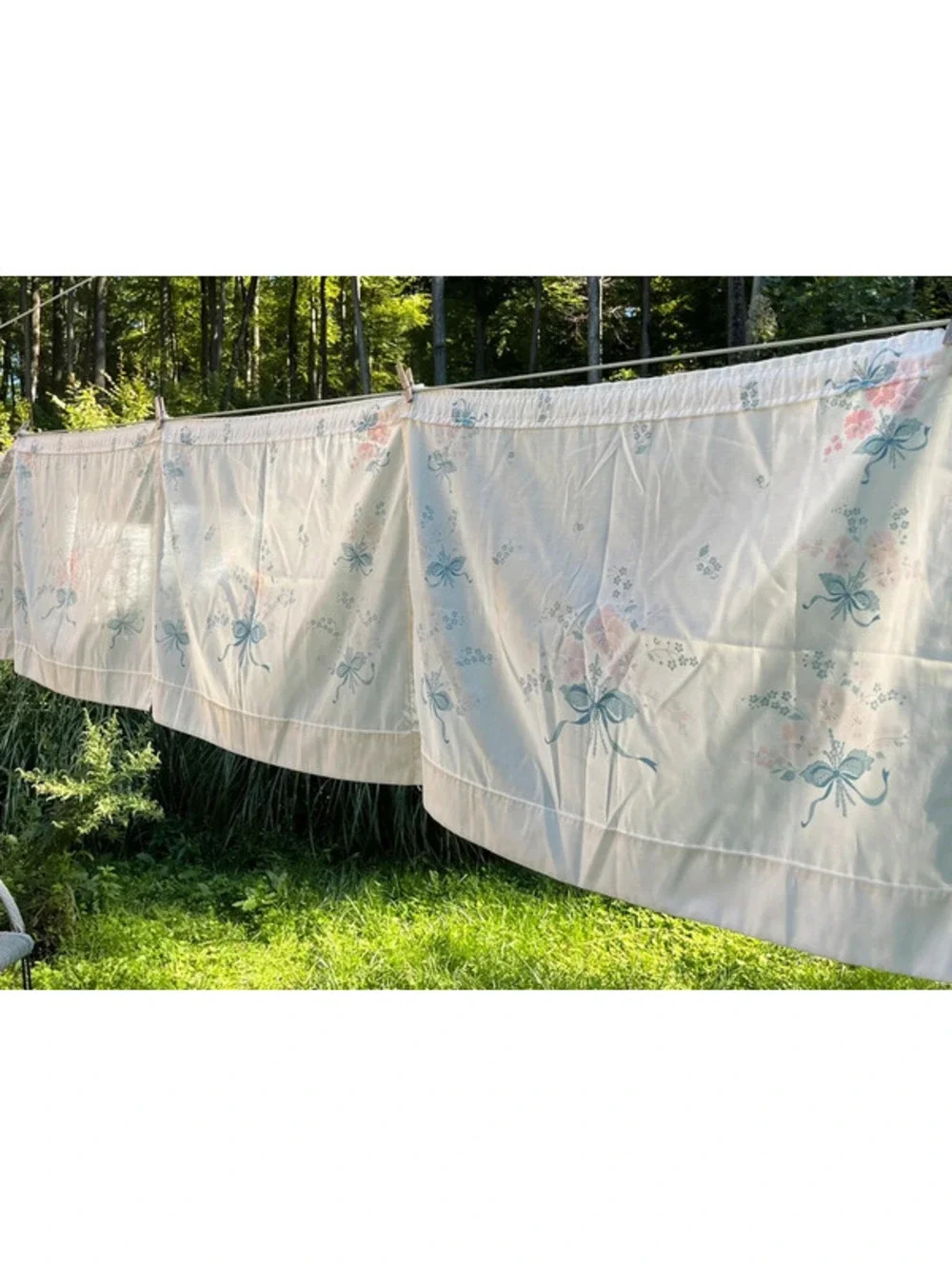 Vintage Hallmark 1989 flowers bouquet bows four cafe curtain panels blue pink